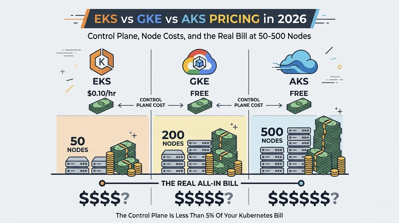 EKS vs GKE vs AKS Pricing in 2026: Control Plane, Node Costs, and the Real Bill at 50-500 Nodes