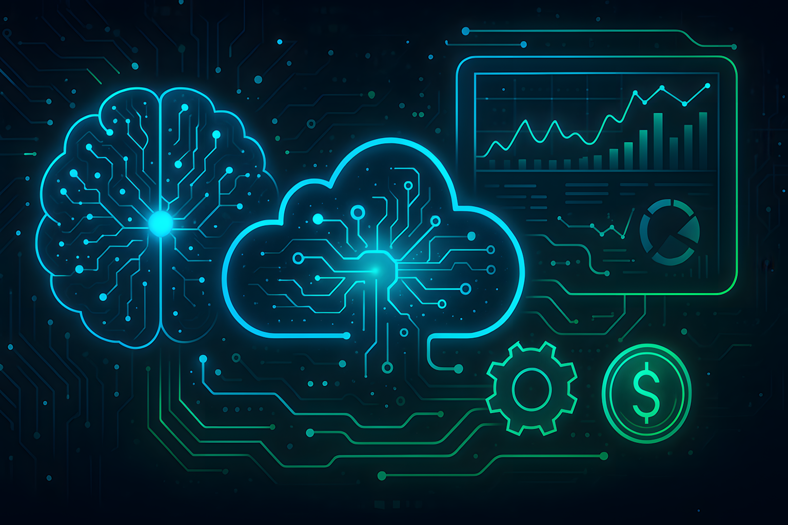 Futuristic digital illustration showing AI, cloud computing, and financial analytics for automated FinOps by LeanOps Technologies
