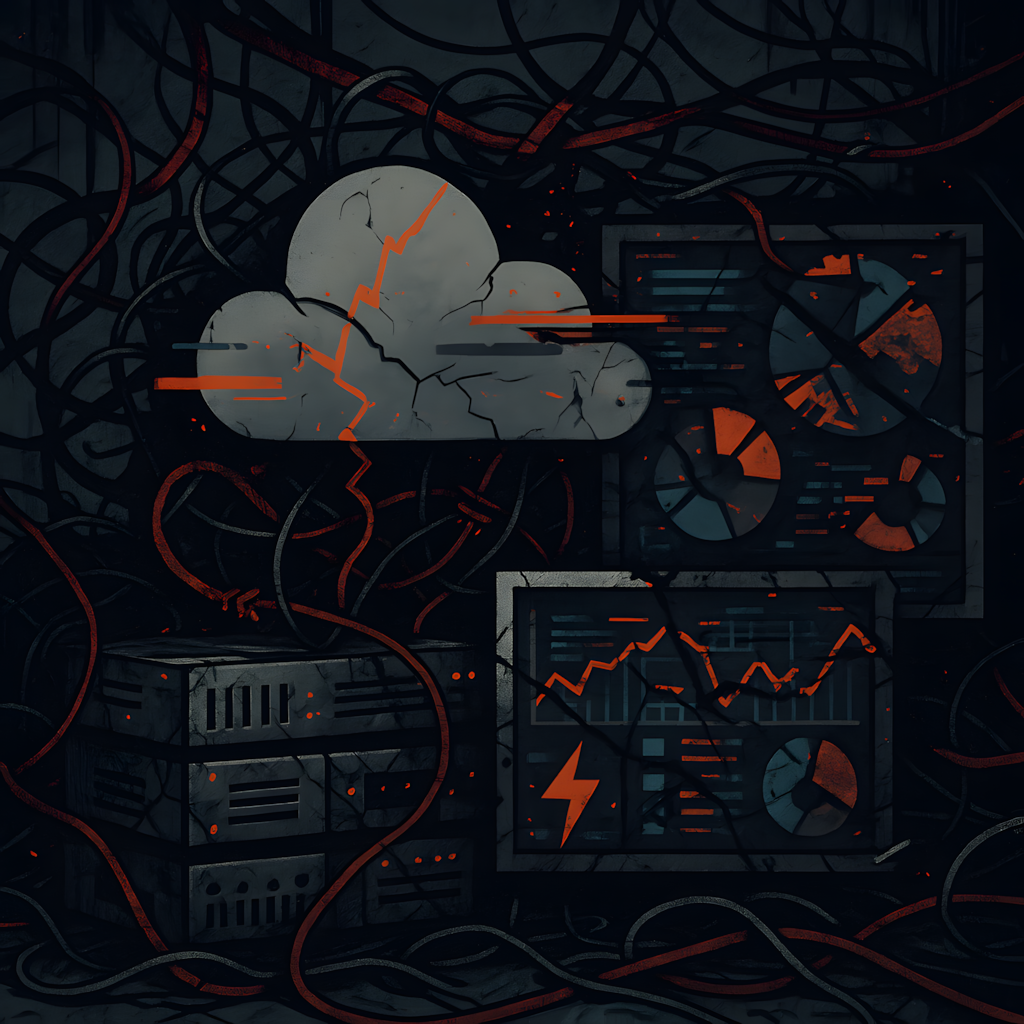 Abstract image showing broken cloud icons, tangled cables, and overloaded servers representing DevOps chaos, technical debt, and cloud infrastructure issues – LeanOps Technologies