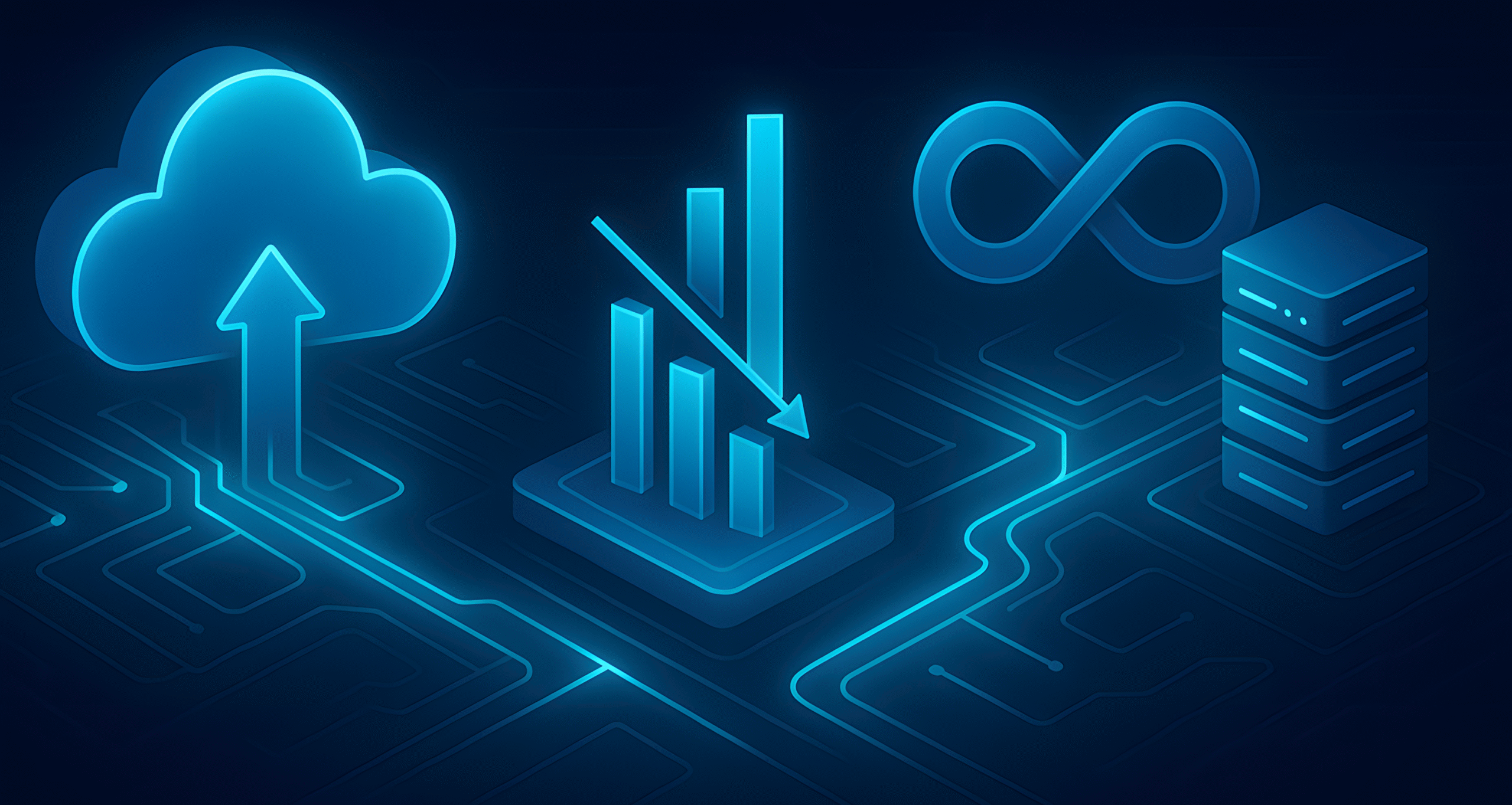 Abstract 3D illustration showing cloud infrastructure, cost optimization, automation, and DevOps scalability—designed by LeanOps Technologies.