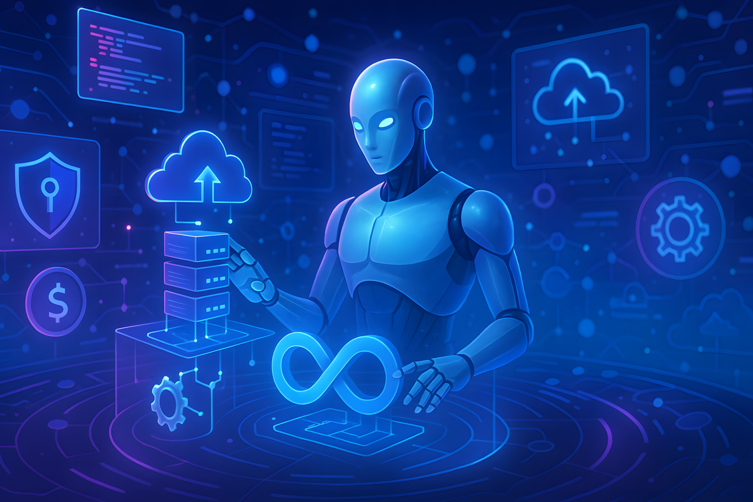 Futuristic AI-powered DevOps environment by LeanOpsTech showcasing cloud automation, security shields, code visualizations, and cost optimization tools in a glowing control room.