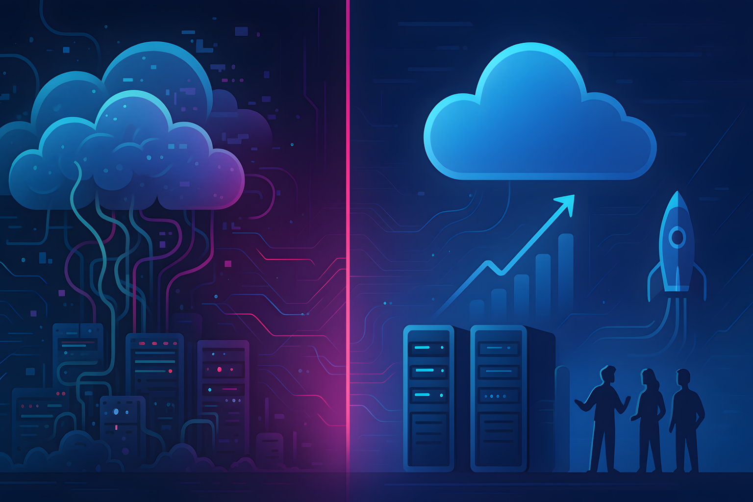 Futuristic digital illustration showing chaotic cloud waste versus optimized cloud infrastructure, representing LeanOpsTech’s efficient DevOps and startup cloud solutions.