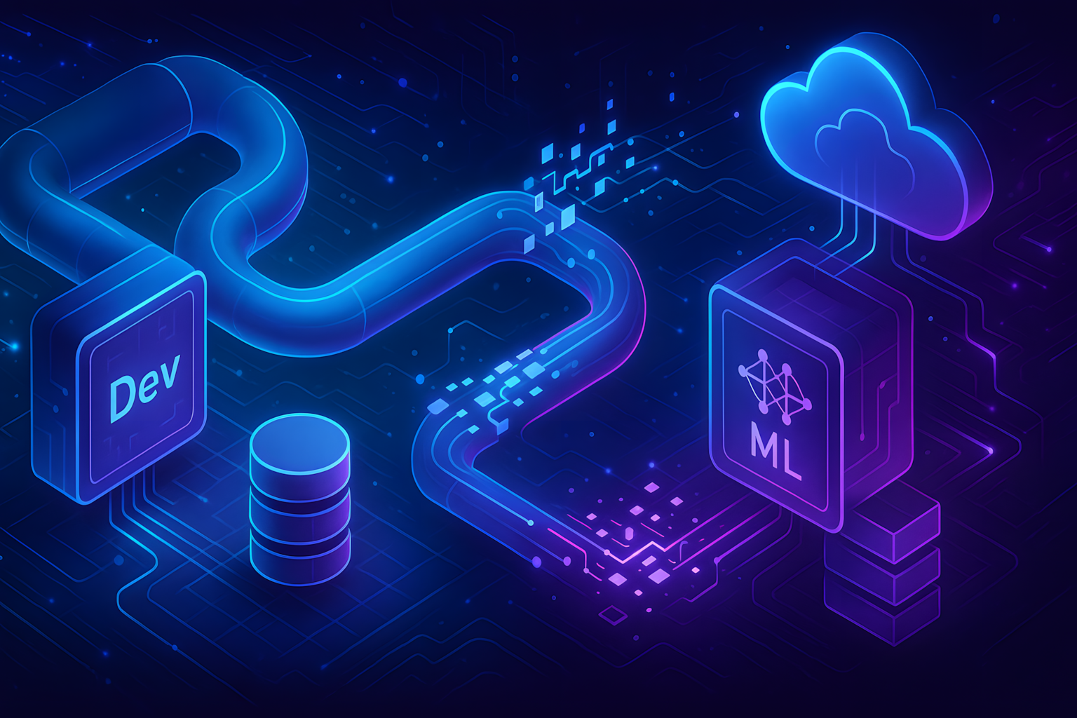 Abstract digital illustration of DevOps and MLOps integration with pipelines, machine learning models, data streams, containers, and cloud infrastructure in a futuristic software supply chain