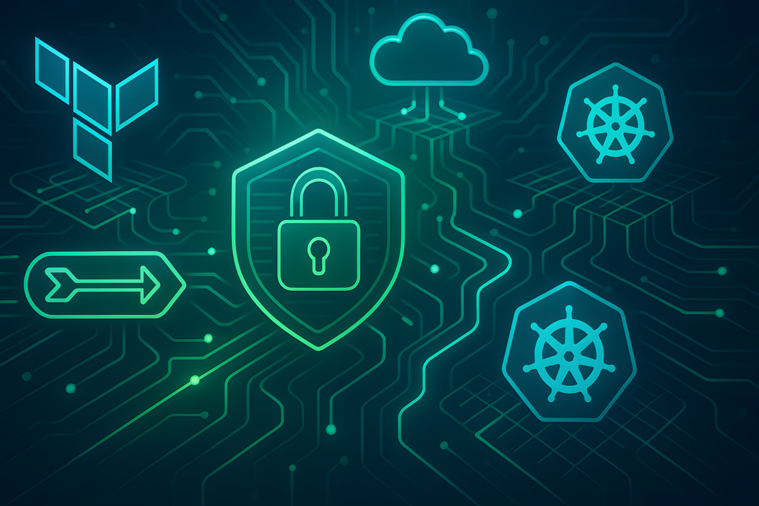 Futuristic illustration by LeanOpsTech showcasing secure DevSecOps pipelines, Terraform automation, Kubernetes clusters, and cloud infrastructure interconnected through glowing circuits
