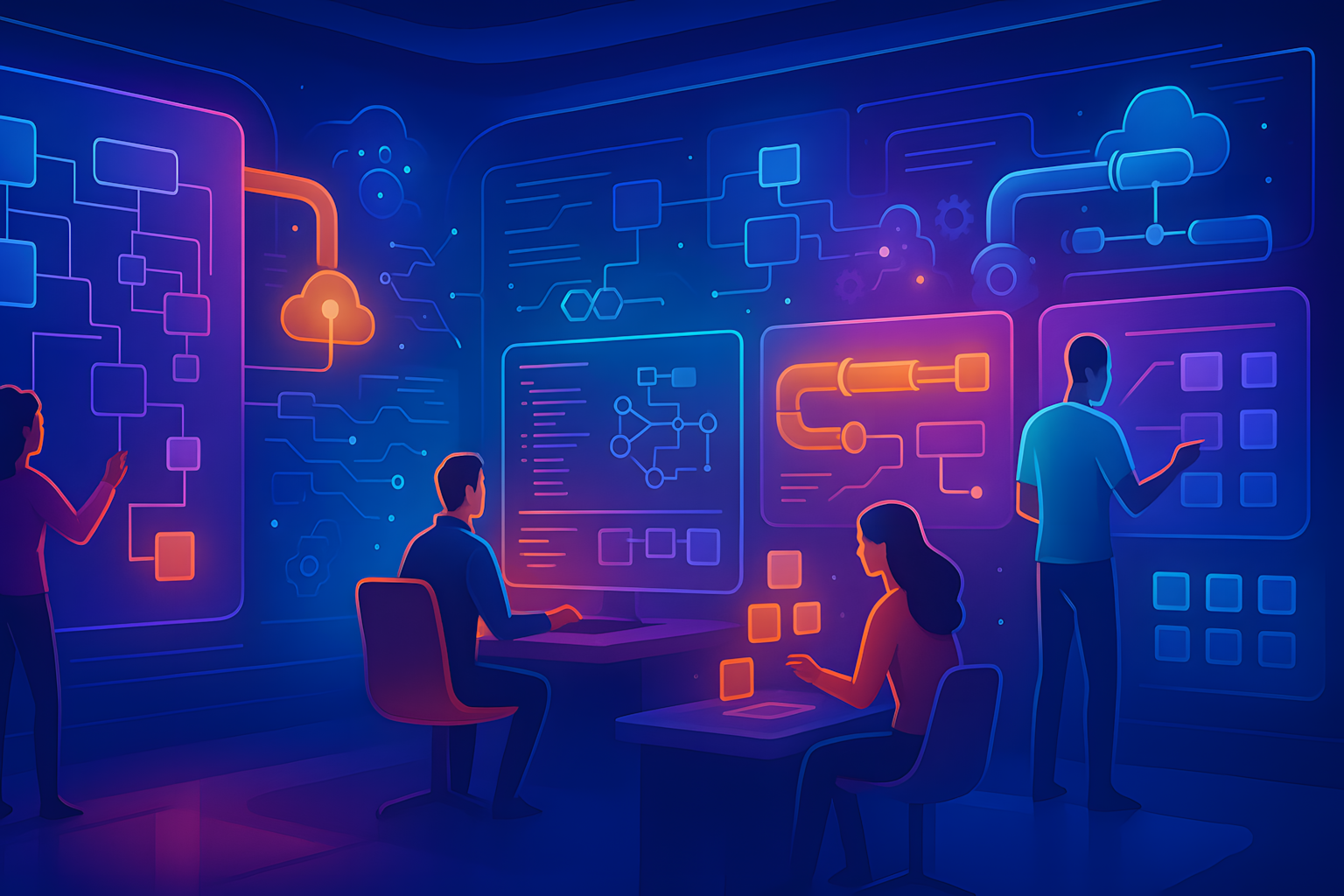 High-tech digital illustration of diverse developers using a glowing control center and cloud infrastructure in a futuristic platform engineering environment by LeanOps Technologies